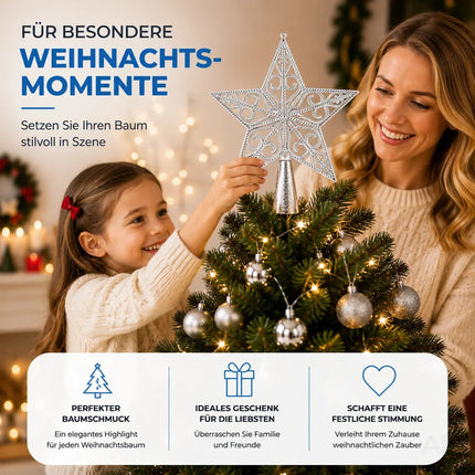 Baumspitze für Weihnachtsbaum Christbaumspitze Aufsatz für Tannenbaum Weihnachtsdekoration (Stern-Ornament-Silber)