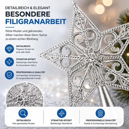 Baumspitze für Weihnachtsbaum Christbaumspitze Aufsatz für Tannenbaum Weihnachtsdekoration (Stern-Ornament-Silber)