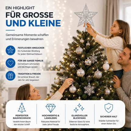 Baumspitze für Weihnachtsbaum Christbaumspitze Aufsatz für Tannenbaum Weihnachtsdekoration (Stern-Ornament-Silber)
