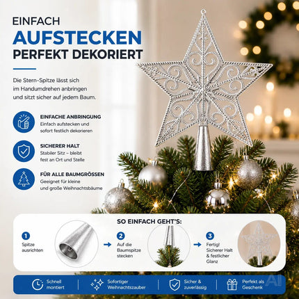 Baumspitze für Weihnachtsbaum Christbaumspitze Aufsatz für Tannenbaum Weihnachtsdekoration (Stern-Ornament-Silber)