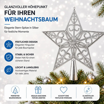 Baumspitze für Weihnachtsbaum Christbaumspitze Aufsatz für Tannenbaum Weihnachtsdekoration (Stern-Ornament-Silber)