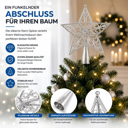 Baumspitze für Weihnachtsbaum Christbaumspitze Aufsatz für Tannenbaum Weihnachtsdekoration (Stern-Ornament-Silber)