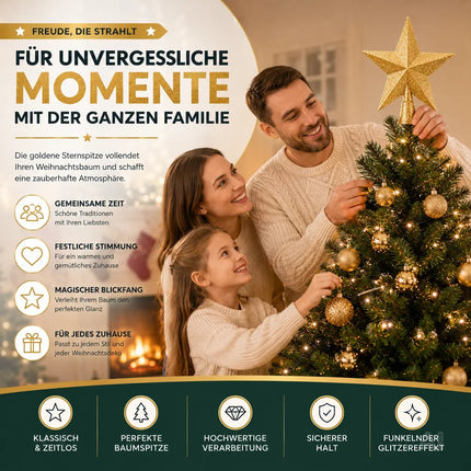 Baumspitze für Weihnachtsbaum Christbaumspitze Aufsatz für Tannenbaum Weihnachtsdekoration (Stern-Voll-Gold)