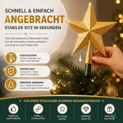 Baumspitze für Weihnachtsbaum Christbaumspitze Aufsatz für Tannenbaum Weihnachtsdekoration (Stern-Voll-Gold)
