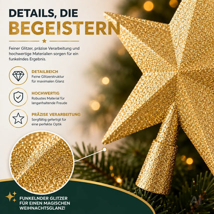 Baumspitze für Weihnachtsbaum Christbaumspitze Aufsatz für Tannenbaum Weihnachtsdekoration (Stern-Voll-Gold)