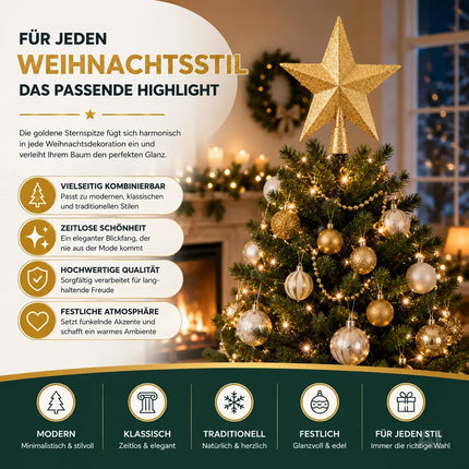 Baumspitze für Weihnachtsbaum Christbaumspitze Aufsatz für Tannenbaum Weihnachtsdekoration (Stern-Voll-Gold)