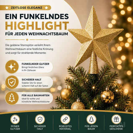 Baumspitze für Weihnachtsbaum Christbaumspitze Aufsatz für Tannenbaum Weihnachtsdekoration (Stern-Voll-Gold)