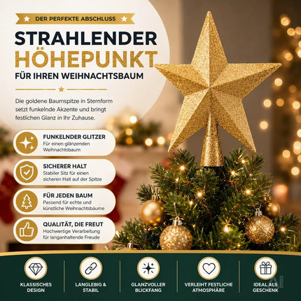 Baumspitze für Weihnachtsbaum Christbaumspitze Aufsatz für Tannenbaum Weihnachtsdekoration (Stern-Voll-Gold)