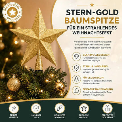 Baumspitze für Weihnachtsbaum Christbaumspitze Aufsatz für Tannenbaum Weihnachtsdekoration (Stern-Voll-Gold)