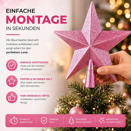 Baumspitze für Weihnachtsbaum Christbaumspitze Aufsatz für Tannenbaum Weihnachtsdekoration (Stern-Voll-Pink)