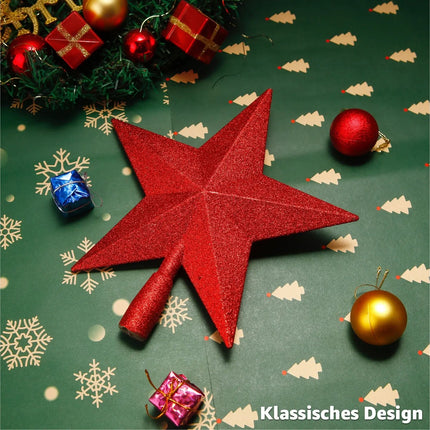 Baumspitze für Weihnachtsbaum Christbaumspitze Aufsatz für Tannenbaum Weihnachtsdekoration (Stern-Voll-Rot)