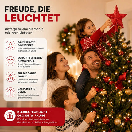 Baumspitze für Weihnachtsbaum Christbaumspitze Aufsatz für Tannenbaum Weihnachtsdekoration (Stern-Voll-Rot)