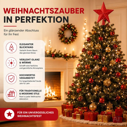 Baumspitze für Weihnachtsbaum Christbaumspitze Aufsatz für Tannenbaum Weihnachtsdekoration (Stern-Voll-Rot)