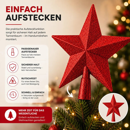Baumspitze für Weihnachtsbaum Christbaumspitze Aufsatz für Tannenbaum Weihnachtsdekoration (Stern-Voll-Rot)