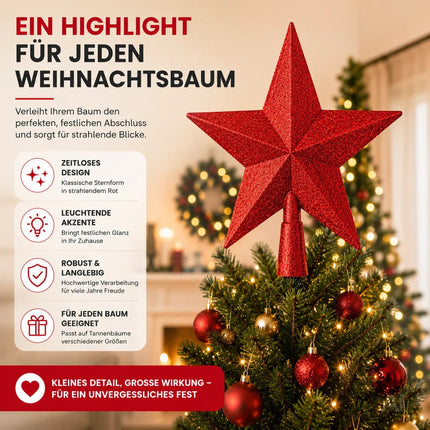 Baumspitze für Weihnachtsbaum Christbaumspitze Aufsatz für Tannenbaum Weihnachtsdekoration (Stern-Voll-Rot)