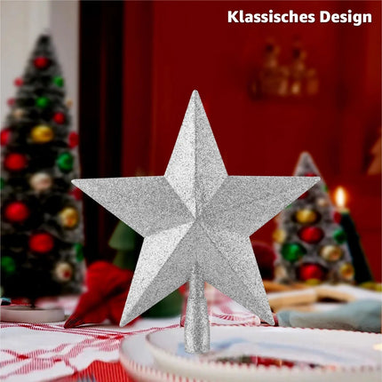 Baumspitze für Weihnachtsbaum Christbaumspitze Aufsatz für Tannenbaum Weihnachtsdekoration (Stern-Voll-Silber)