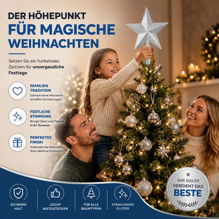 Baumspitze für Weihnachtsbaum Christbaumspitze Aufsatz für Tannenbaum Weihnachtsdekoration (Stern-Voll-Silber)