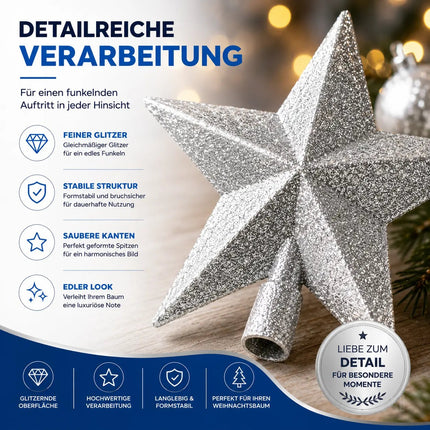 Baumspitze für Weihnachtsbaum Christbaumspitze Aufsatz für Tannenbaum Weihnachtsdekoration (Stern-Voll-Silber)