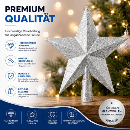 Baumspitze für Weihnachtsbaum Christbaumspitze Aufsatz für Tannenbaum Weihnachtsdekoration (Stern-Voll-Silber)