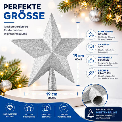 Baumspitze für Weihnachtsbaum Christbaumspitze Aufsatz für Tannenbaum Weihnachtsdekoration (Stern-Voll-Silber)