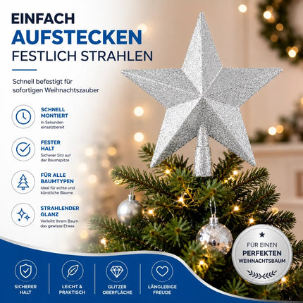 Baumspitze für Weihnachtsbaum Christbaumspitze Aufsatz für Tannenbaum Weihnachtsdekoration (Stern-Voll-Silber)
