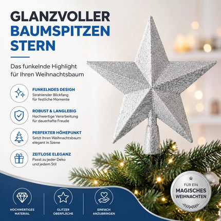 Baumspitze für Weihnachtsbaum Christbaumspitze Aufsatz für Tannenbaum Weihnachtsdekoration (Stern-Voll-Silber)