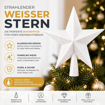 Baumspitze für Weihnachtsbaum Christbaumspitze Aufsatz für Tannenbaum Weihnachtsdekoration (Stern-Voll-Weiss)