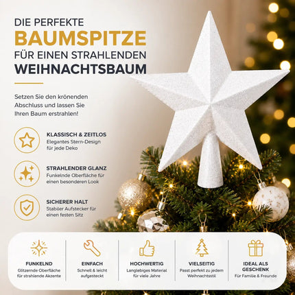 Baumspitze für Weihnachtsbaum Christbaumspitze Aufsatz für Tannenbaum Weihnachtsdekoration (Stern-Voll-Weiss)
