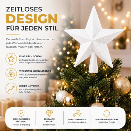 Baumspitze für Weihnachtsbaum Christbaumspitze Aufsatz für Tannenbaum Weihnachtsdekoration (Stern-Voll-Weiss)