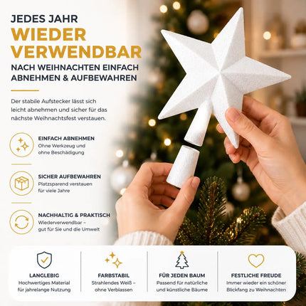 Baumspitze für Weihnachtsbaum Christbaumspitze Aufsatz für Tannenbaum Weihnachtsdekoration (Stern-Voll-Weiss)