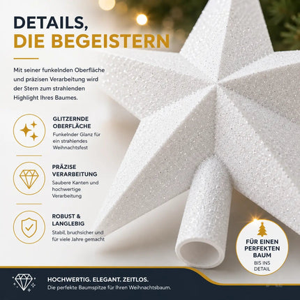 Baumspitze für Weihnachtsbaum Christbaumspitze Aufsatz für Tannenbaum Weihnachtsdekoration (Stern-Voll-Weiss)
