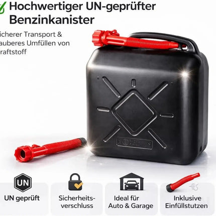 Benzinkanister für Autos mit UN-Zulassung EU – Kraftstoffkanister für Benzin, Diesel & Gefahrstoffe. Mit praktischem Einfüllstutzen und Trichter zum Betanken