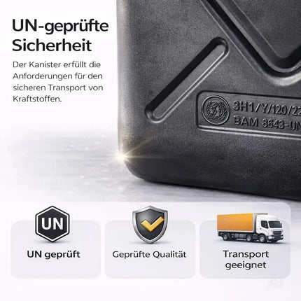 Benzinkanister für Autos mit UN-Zulassung EU – Kraftstoffkanister für Benzin, Diesel & Gefahrstoffe. Mit praktischem Einfüllstutzen und Trichter zum Betanken