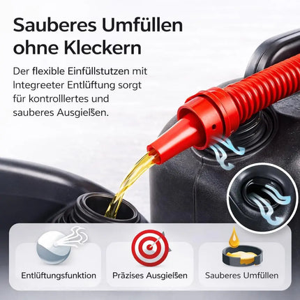 Benzinkanister für Autos mit UN-Zulassung EU – Kraftstoffkanister für Benzin, Diesel & Gefahrstoffe. Mit praktischem Einfüllstutzen und Trichter zum Betanken
