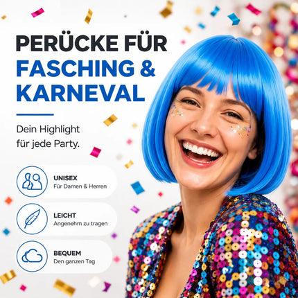 Bob Perücke Wig (Blau) – Kurzhaarperücke Pagenkopf Retro neon Cabaret & Charleston – für Fasching & Karneval