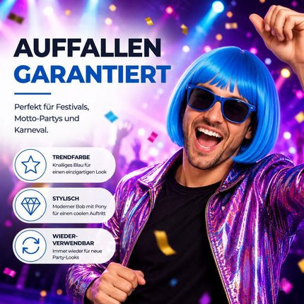 Bob Perücke Wig (Blau) – Kurzhaarperücke Pagenkopf Retro neon Cabaret & Charleston – für Fasching & Karneval