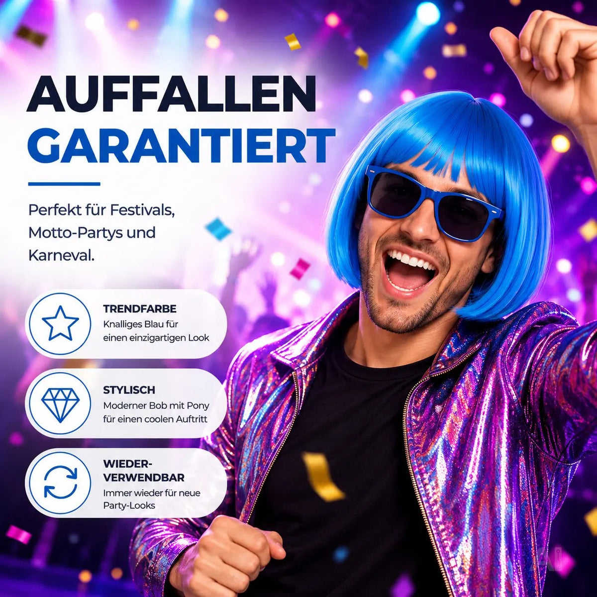 Bob Perücke Wig (Blau) – Kurzhaarperücke Pagenkopf Retro neon Cabaret & Charleston – Detailansicht 3