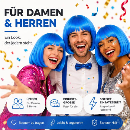Bob Perücke Wig (Blau) – Kurzhaarperücke Pagenkopf Retro neon Cabaret & Charleston – für Fasching & Karneval