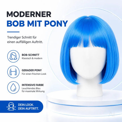 Bob Perücke Wig (Blau) – Kurzhaarperücke Pagenkopf Retro neon Cabaret & Charleston – für Fasching & Karneval