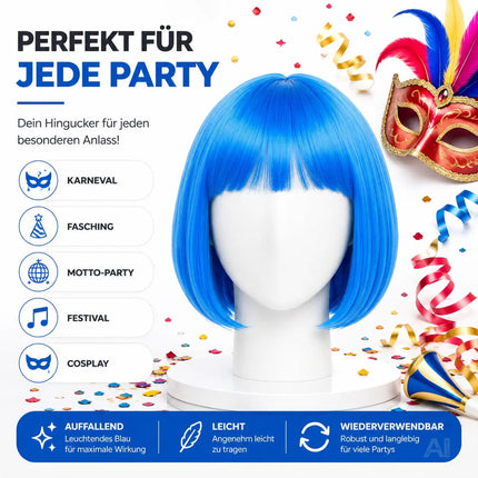 Bob Perücke Wig (Blau) – Kurzhaarperücke Pagenkopf Retro neon Cabaret & Charleston – für Fasching & Karneval