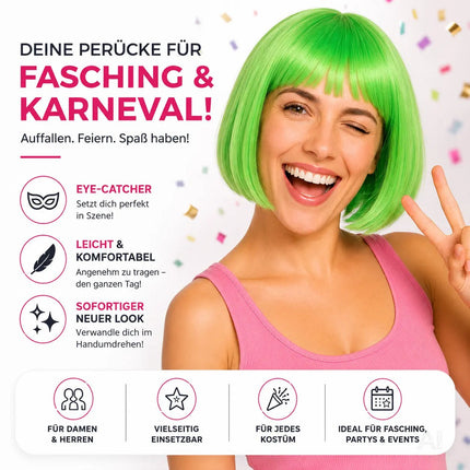 Bob Perücke Wig (Grün) – Kurzhaarperücke Pagenkopf Retro neon Cabaret & Charleston – für Fasching & Karneval