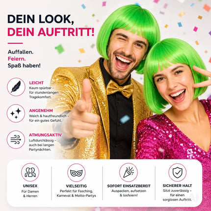 Bob Perücke Wig (Grün) – Kurzhaarperücke Pagenkopf Retro neon Cabaret & Charleston – für Fasching & Karneval
