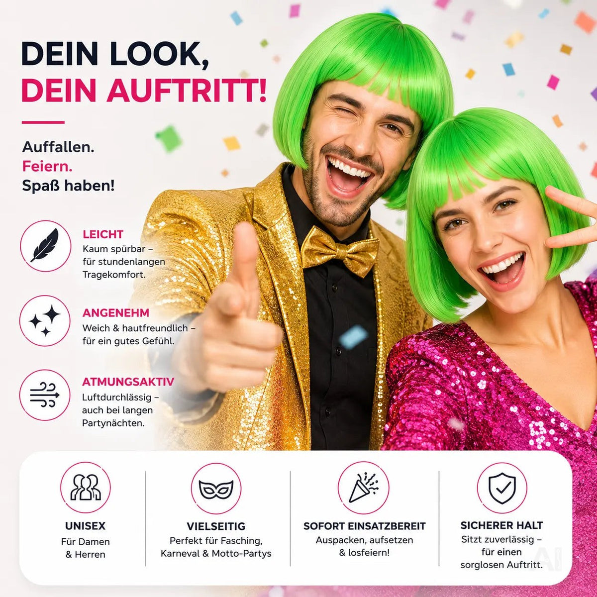 Bob Perücke Wig (Grün) – Kurzhaarperücke Pagenkopf Retro neon Cabaret & Charleston – Detailansicht 3