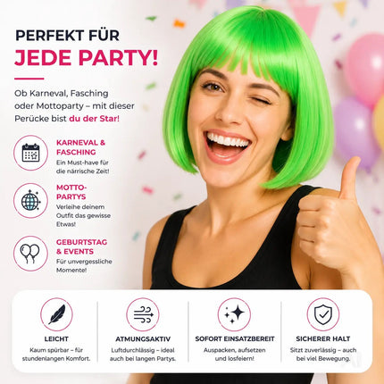 Bob Perücke Wig (Grün) – Kurzhaarperücke Pagenkopf Retro neon Cabaret & Charleston – für Fasching & Karneval