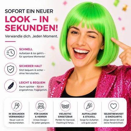 Bob Perücke Wig (Grün) – Kurzhaarperücke Pagenkopf Retro neon Cabaret & Charleston – für Fasching & Karneval