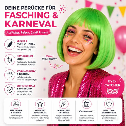 Bob Perücke Wig (Grün) – Kurzhaarperücke Pagenkopf Retro neon Cabaret & Charleston – für Fasching & Karneval