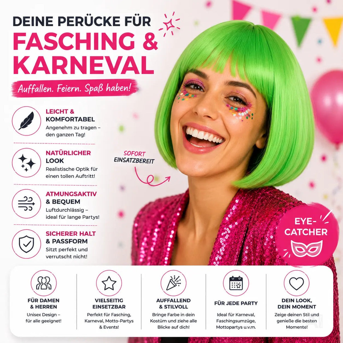 Bob Perücke Wig (Grün) – Kurzhaarperücke Pagenkopf Retro neon Cabaret & Charleston – Detailansicht 6