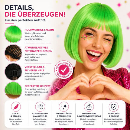 Bob Perücke Wig (Grün) – Kurzhaarperücke Pagenkopf Retro neon Cabaret & Charleston – für Fasching & Karneval