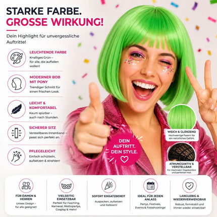 Bob Perücke Wig (Grün) – Kurzhaarperücke Pagenkopf Retro neon Cabaret & Charleston – für Fasching & Karneval