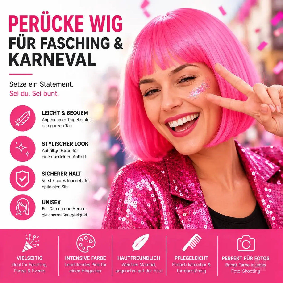 Bob Perücke Wig (Pink) – Kurzhaarperücke Pagenkopf Retro neon Cabaret & Charleston – Detailansicht 2
